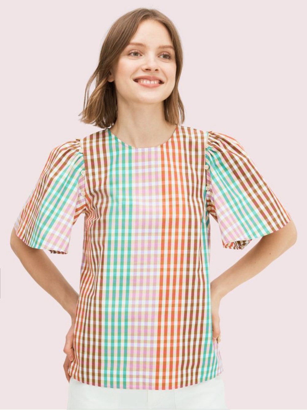 Kate Spade Multi Plaid Flutter Sleeve Top